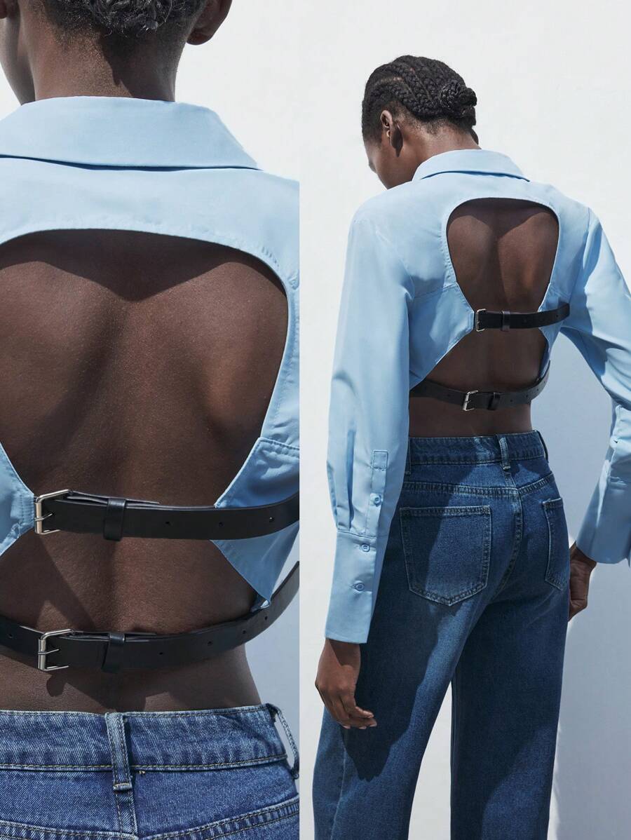 SHEIN Maija Áo cánh nữ thanh lịch giản dị phong cách thành thị có thể điều chỉnh lưng mới, tiệc trở lại trường, màu xanh - Màu xanh lam - Xem 1