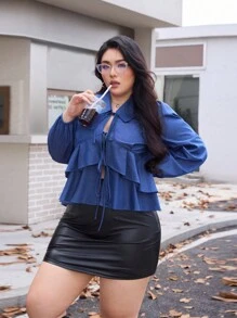 SHEIN EZwear 大码女式优雅荷叶边下摆前系带牛仔衬衫，适合户外、秋季 - 藍色 - 查看 3