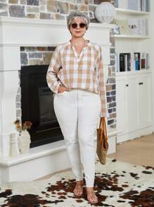 EMERY ROSE 大码女士冬季服装 V 领长袖格子休闲衬衫，日常穿着