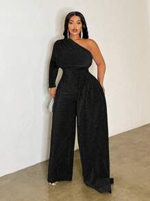 Slaydiva 大码优雅正式连体裤，不对称剪裁，收腰，直腿，绿色，秋冬 - 黑色 - 查看 5