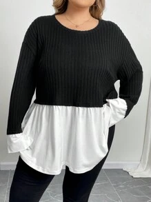 SHEIN CURVE+ Camiseta de manga larga con bloques de color talla grande para mujer, otoño/invierno - Blanco y Negro - Ver 8