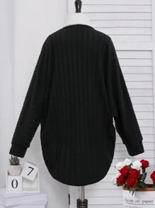 Tween Girls Black Ribbed O-Neck Casual Home Wear Jacket, Autumn - Black - View 2