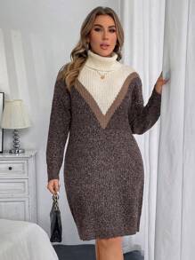 Elenzga 大码拼色高领毛衣连衣裙，休闲秋冬 - 咖啡棕 - 查看 1