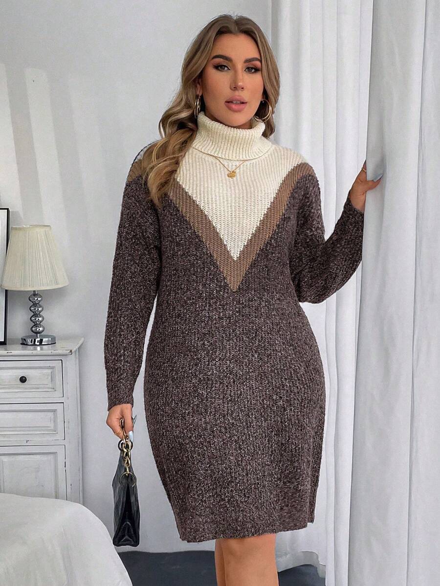 Elenzga 大码拼色高领毛衣连衣裙，休闲秋冬 - 咖啡棕 - 查看 1