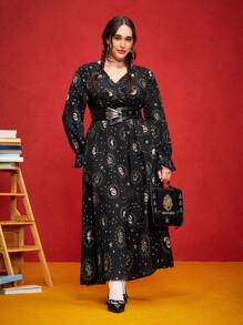 HARRY POTTER X SHEIN 大码女式霍格沃茨四学院金色印花喇叭袖 V 领修身黑色校园中长连衣裙，秋季 - 黑色 - 查看 3