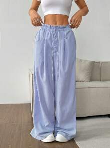 Flirla 条纹印花纸袋腰休闲直筒裤 - 藍色 - 查看 3