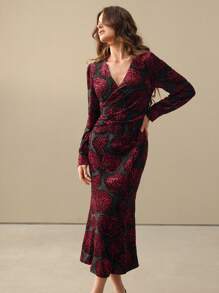 Anewsta 超长连衣裙，花卉天鹅绒印花长袖浪漫收腰修身连衣裙，秋冬勃艮第色女装