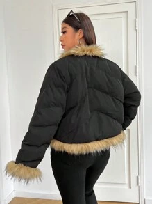 SHEIN EZwear 大码女式保暖内衬夹克，带毛领，适合秋冬季节保暖 - 黑色 - 查看 2