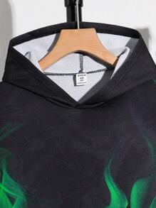 SHEIN Tween 男童休闲街头潮流霓虹火焰印花连帽衫和运动裤套装，适合通勤、上学、日常休闲、运动、秋冬季 - 黑色 - 查看 3