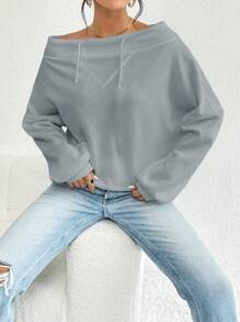 SHEIN Privé Áo nỉ hở vai tay cánh dơi có dây rút, áo dài tay - Màu Xám nhạt - Xem 4