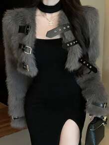 Fashionable Buckle Strap Front Cropped Fuzzy Jacket, Autumn/Winter - Dark Grey - View 3