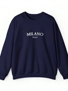 SHEIN EZwear 休闲简约 MILANO 英文文字印花圆领宽松女士运动衫，适合春秋冬季 - 藏蓝色 - 查看 4