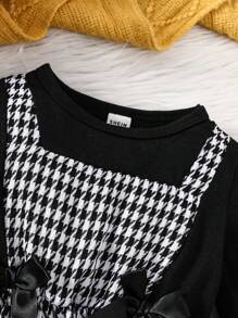 SHEIN Baby Girl Houndstooth Print Bow Front 2 In 1 Dress - Black and White - View 3