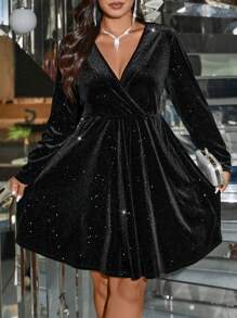 SHEIN Clasi Plus Size Velvet Surplice Neck Flare Hem Dress Fall Cloth For Women - Black - View 6