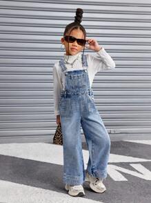 SHEIN Macacão jeans azul básico para meninas, estilo Y2K, calças e macacão jeans estilo street cool, roupas de outono e inverno para meninas