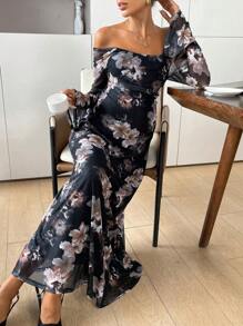 SHEIN Maternity Romantic Summer Beach Elegant Sexy Floral Off Shoulder Long Dress, Date Night Dress, Suitable For Daily, Commuting, Holiday - Black - View 8