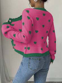 Elenzga Áo len cardigan dệt hoa hình trái tim dài tay một hàng khuy cho nữ - Màu Hồng Tươi - Xem 2