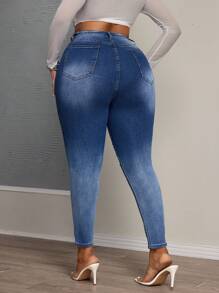 SHEIN SXY Plus Size Women Stretch High Waist Washed Ombre Color Skinny Jeans - Blue - View 2