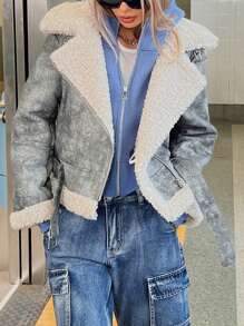 Femmeiva Asymmetrical Pattern Faux Suede & Fur Combine Biker Jacket For Women Fall Cloth For Women - Grey - View 3