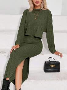 SHEIN Essnce 2pcs Women Casual Solid Color Batwing Sleeve Top & Side Slit Skirt Set, Autumn