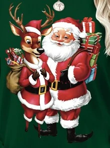 SHEIN LUNE 洛杉矶英语性感时尚休闲舒适街头修身塑身家居时尚秋冬春季休闲街头连帽抓绒卫衣图案T恤女上衣 - 綠色 - 查看 5