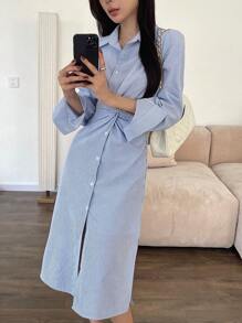 DAZY 条纹打结细节女士中长款衬衫裙，秋季长袖连衣裙 - 藍色 - 查看 9