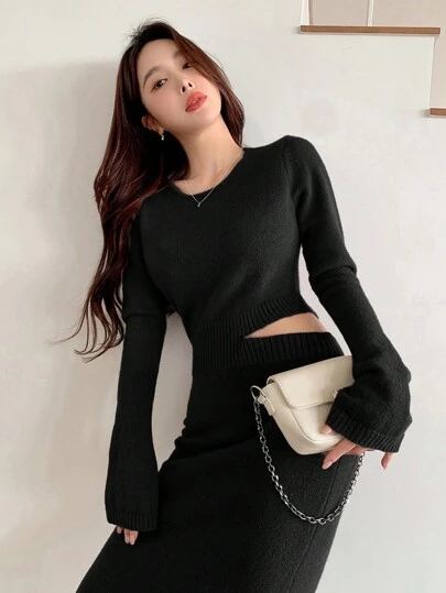 DAZY 镂空露背修身中长毛衣裙，修身显身材