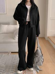 DAZY 女士两件套：前拉链长袖抓绒连帽衫和长裤，纯色，秋冬季女士运动套装家居服套装