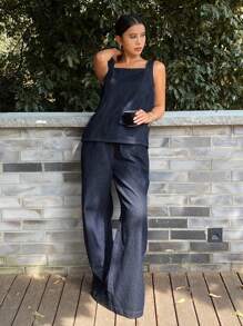 Livesso 女士休闲纯色背心和宽腿宽松牛仔裤 2 件套 - 深色水洗藍 - 查看 8