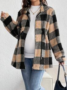 SHEIN Zwangere vrouwen geruite print rits sluiting lange mouw jas, winter, voor zwangerschap