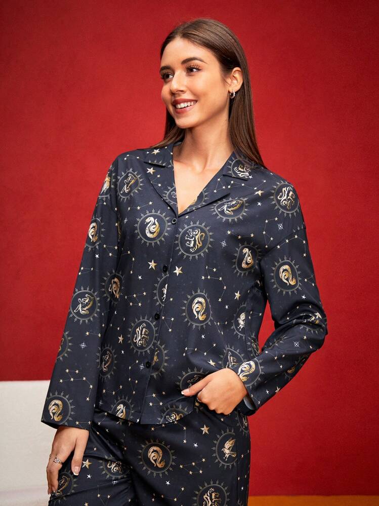 HARRY POTTER X SHEIN Pijama de estilo universitario de invierno con Top de manga larga y pantalones largos, con estampado bronceado de los patrones de Gryffindor y Ravenclaw en un diseño de moda casual - Negro - Añade 4