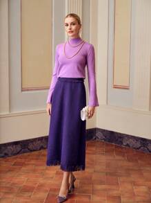 ZEYLAH 斜口袋流苏下摆粗花呢纯色短裙