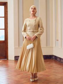 ZEYLAH 粗花呢紧身胸衣褶边扣带腰带二合一长裙 - 杏色 - 查看 7