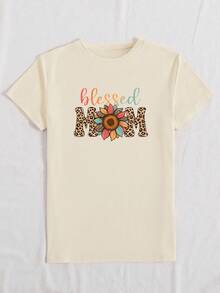 INAWLY 豹纹印花与花卉图案圆领短袖 T 恤，母亲节休闲装 豹纹印花 T 恤女式上衣