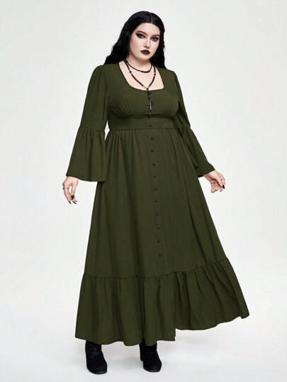 Fairycore Plus Size Square Neck Solid Ruffle Hem Bell Sleeve Dress