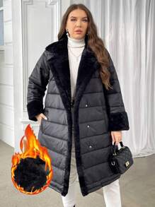 SHEIN Privé 大码女式羊毛拼接收腰长款加厚外套，立领，口袋，加厚保暖黑色外套，秋冬 - 黑色 - 查看 10