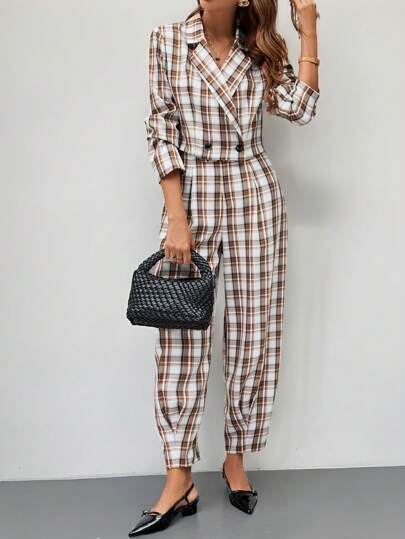 SHEIN Clasi 女士时尚格子 2 件套：带口袋的西装外套和裤子，适合秋冬季