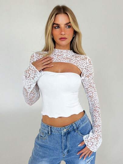 Aloruh Women Solid Color Lace Hollow Out Flare Sleeve Blouse, White, Autumn/Winter