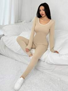 SHEIN Unity 2 件套女士撞色拼布圆领厚款修身长袖上衣和紧身裙 - 卡其色 - 查看 4