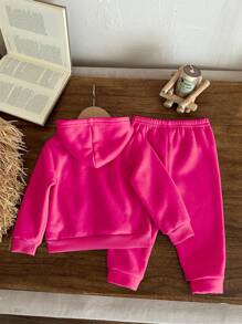 SHEIN ModeFlare Wear Baby Girl Knitted Soft Hooded Casual Minimalist Loose Long Sleeve Sweatshirt & Pants Set, Suitable For Autumn/Winter - Hot Pink - View 2