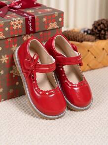 Zapatos de tipo Mary Jane con moño para niñas en Navidad, bailarinas suaves y cómodas para niños
