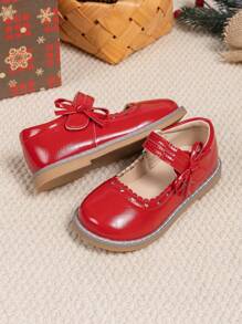 Zapatos de tipo Mary Jane con moño para niñas en Navidad, bailarinas suaves y cómodas para niños
