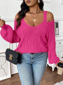 Celure 1pc Plus Size Solid Color Long Sleeve Cold Shoulder Casual Top, Daily Wear Knit Pullover Fall Winter - Hot Pink - View 4