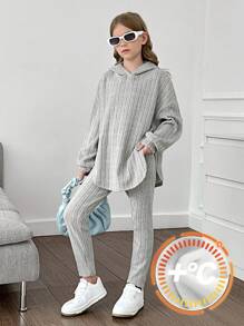 SHEIN Tween Girl Solid Color Fleece Inner Drop Shoulder Hoodie Long Sleeve T-Shirt & Leggings, Warm And Suitable For Autumn Winter Daily Wear Clothes - Grey - View 13