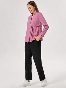 TaskEZ Contrast Trim Long Sleeve Top And Pants Scrub Uniform Set - Pink - View 3