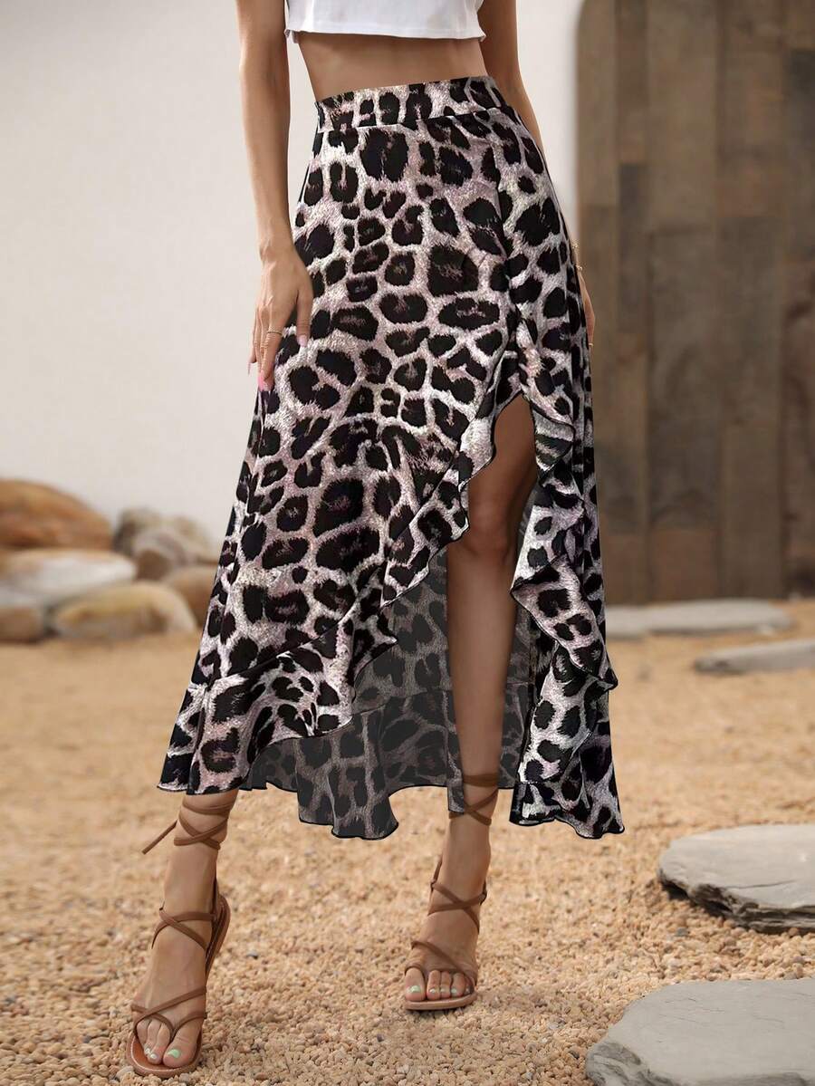 Breezaya Women Leopard Print Ruffle Hem A-Line Knee-Length Skirt, Casual Everyday Wear - Khaki - View 1