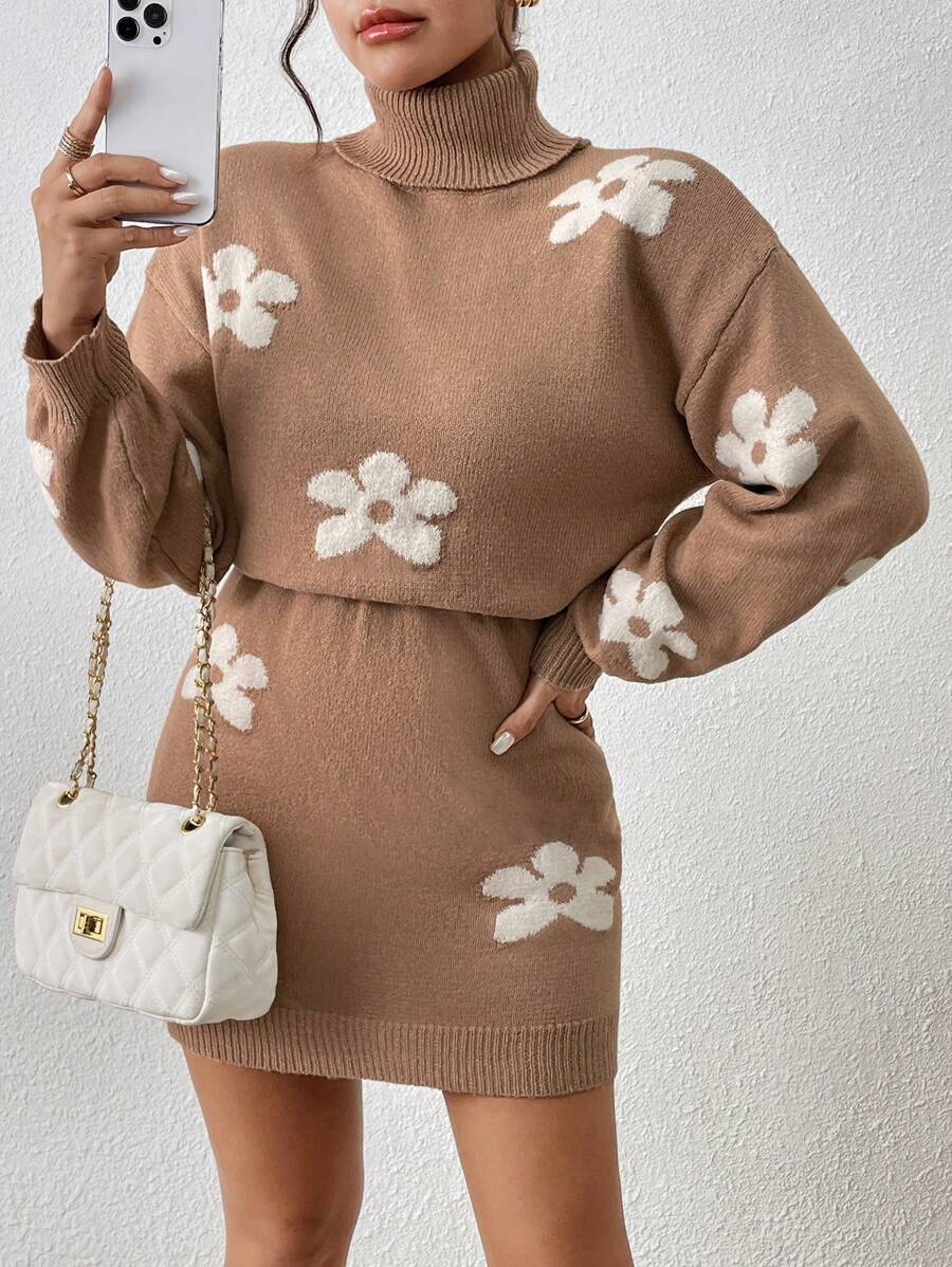 Chiquease Vestido de malha com estampa floral romântica francesa e cintura alta - Caqui - Ver 1