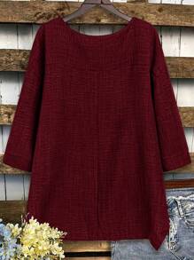大码休闲纯色纹理不对称下摆衬衫，秋季 - 酒紅色 - 查看 2