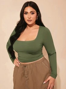 SHEIN BAE 加大码秋季方领褶皱针织紧身长袖 T 恤，优雅百搭通勤上衣