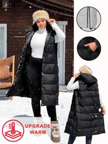 SHEIN EZwear Plus Size Solid Color Drawstring Hooded Long  Padded Vest, Women Winter Clothes Fall Autumn - Black - View 6